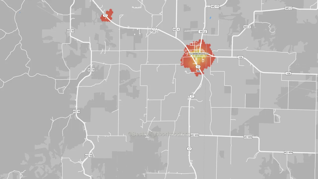 Walk Grade map of Summersville, MO, walkable areas in green and car-dependent areas in red