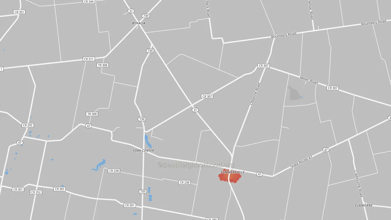 Walk Grade map of Summersville, OH, walkable areas in green and car-dependent areas in red