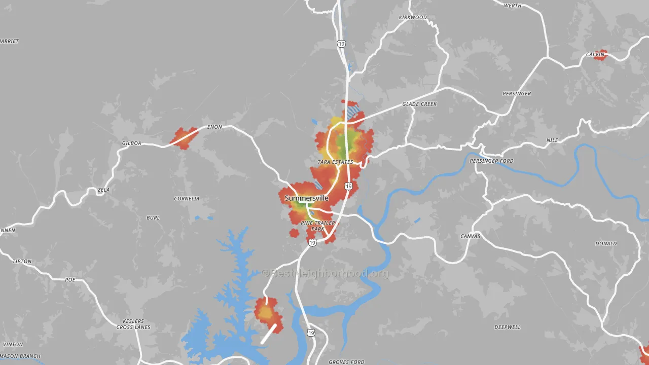 Walk Grade map of Summersville, WV, walkable areas in green and car-dependent areas in red
