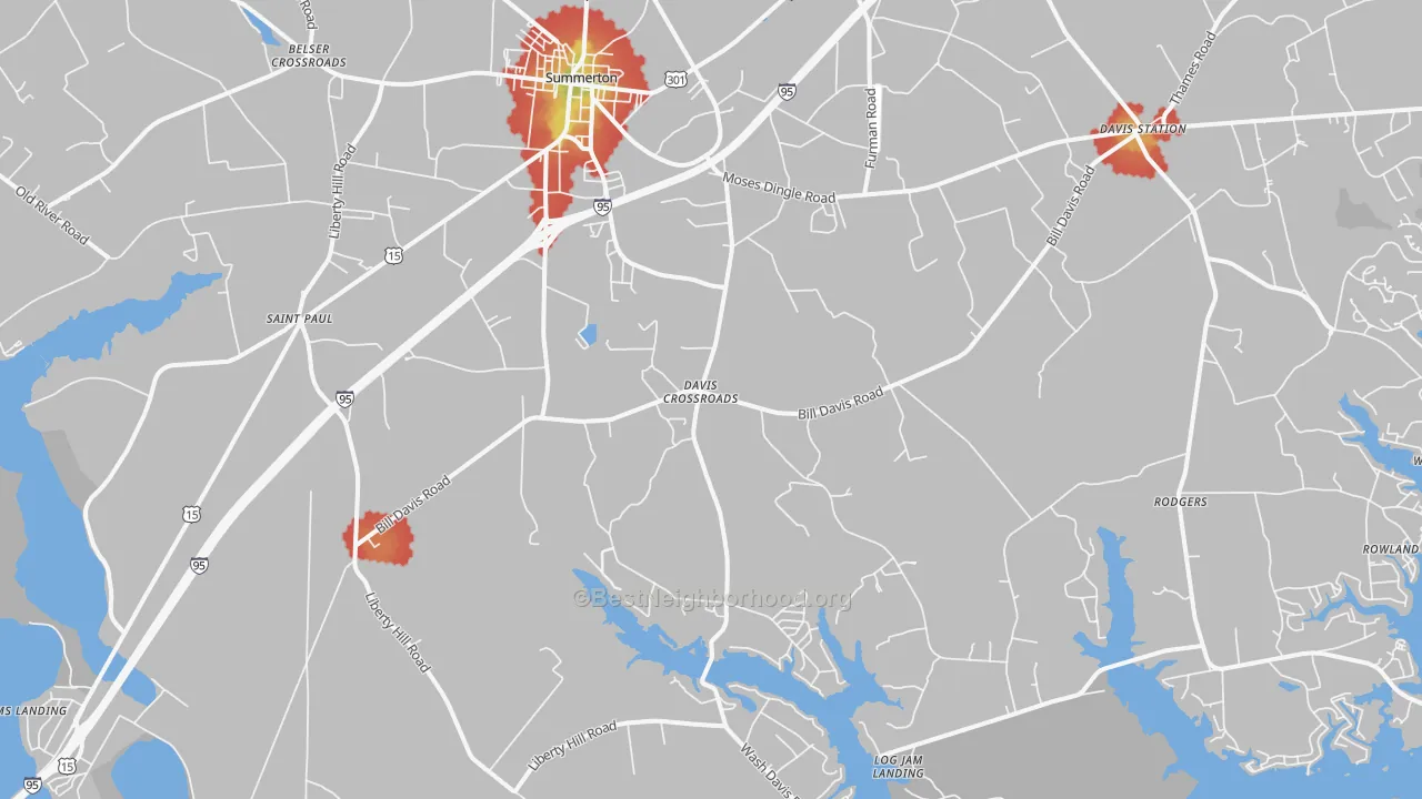 Walk Grade map of Summerton, SC, walkable areas in green and car-dependent areas in red