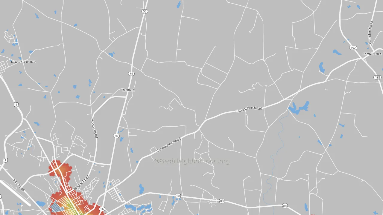 Walk Grade map of Summertown, GA, walkable areas in green and car-dependent areas in red