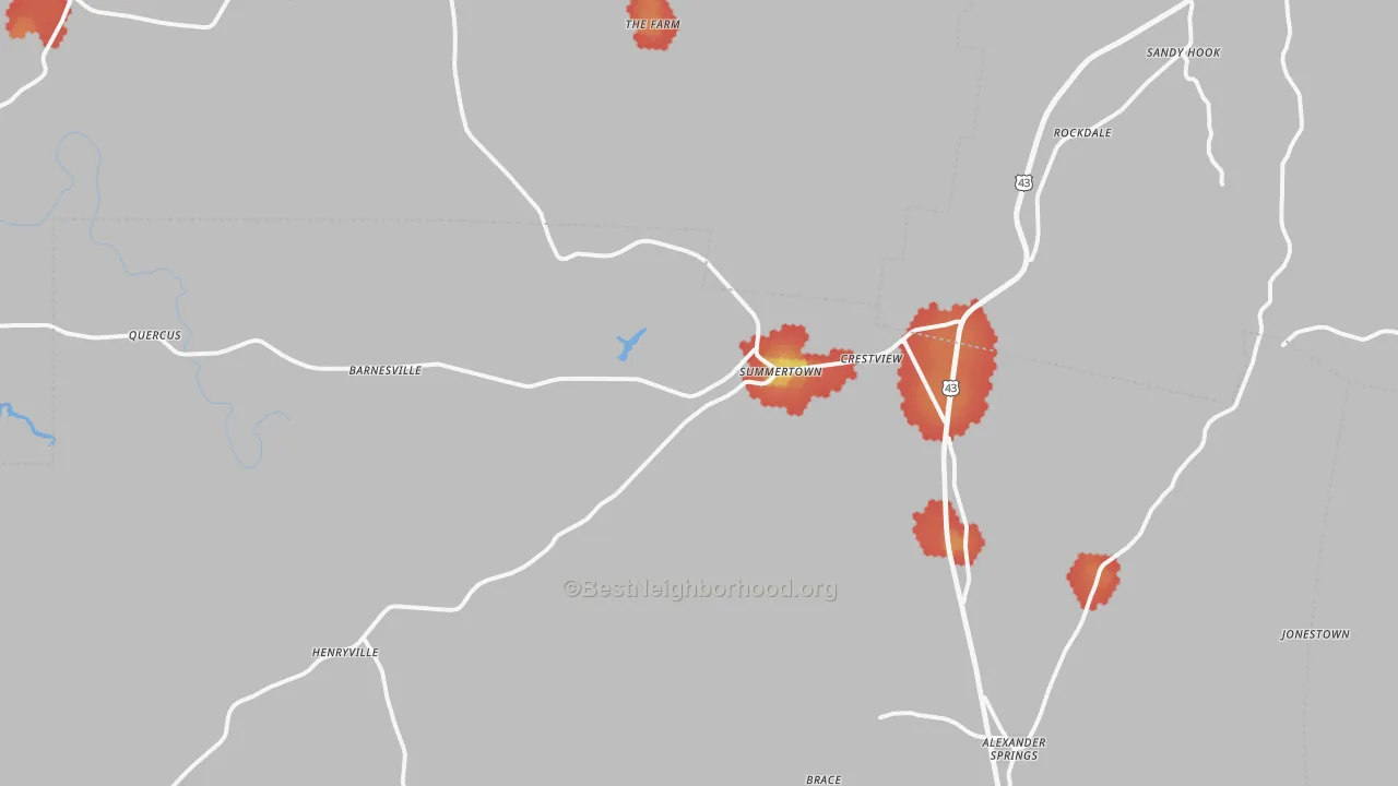 Walk Grade map of Summertown, TN, walkable areas in green and car-dependent areas in red