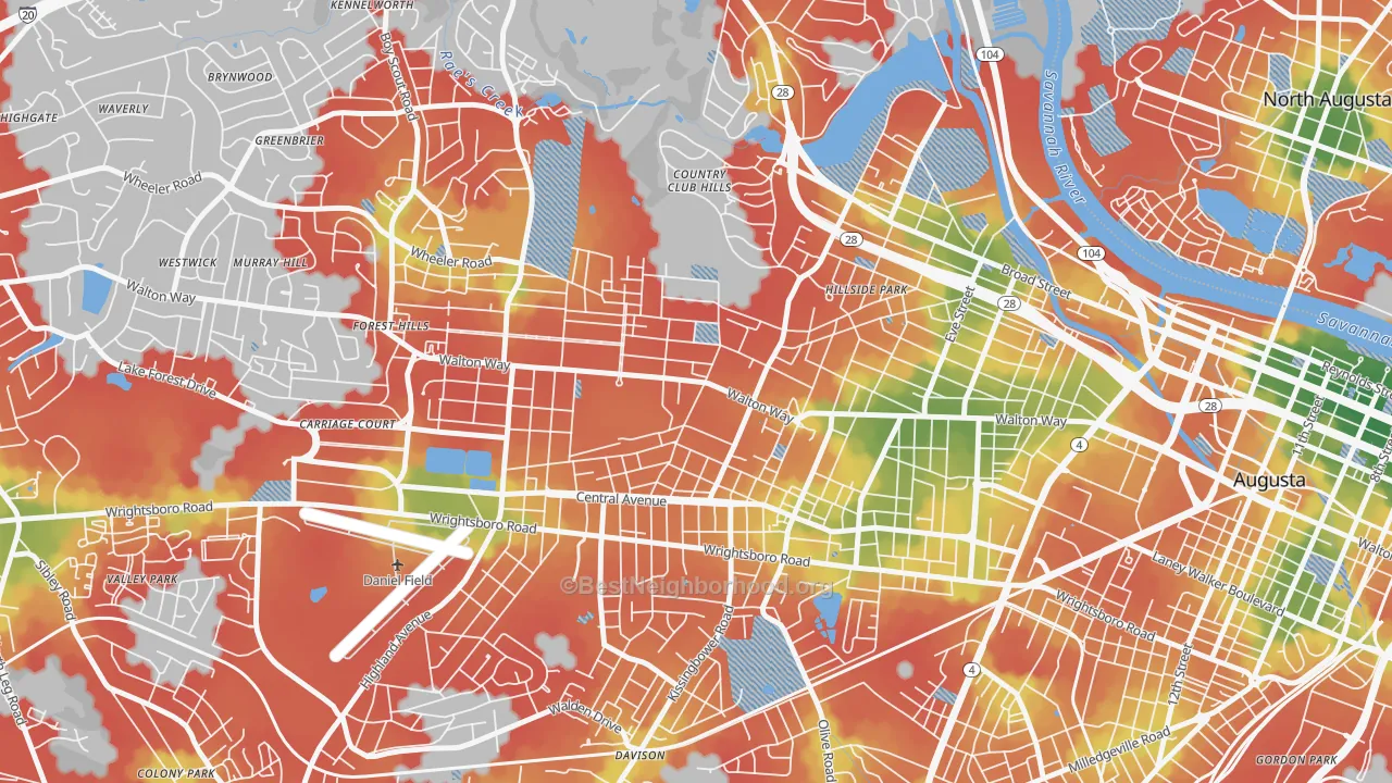 Walk Grade map of Summerville, Augusta, GA, walkable areas in green and car-dependent areas in red