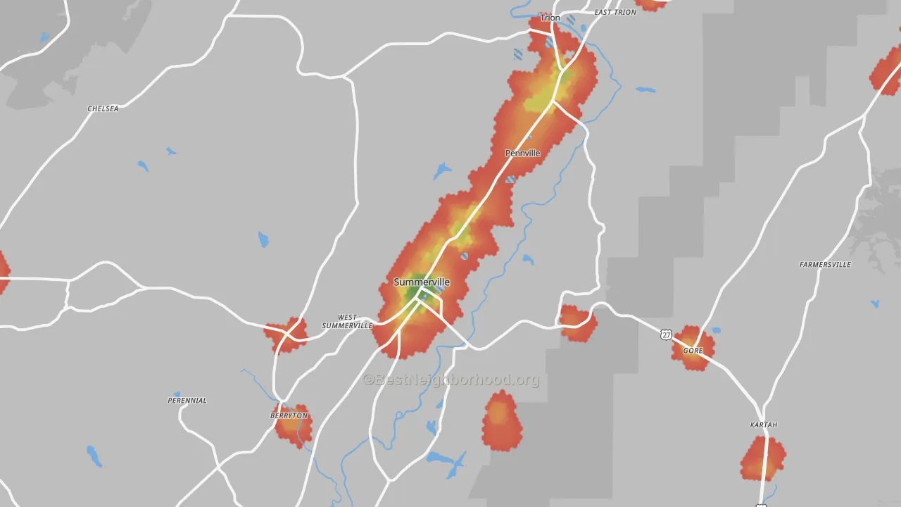 Walk Grade map of Summerville, GA, walkable areas in green and car-dependent areas in red