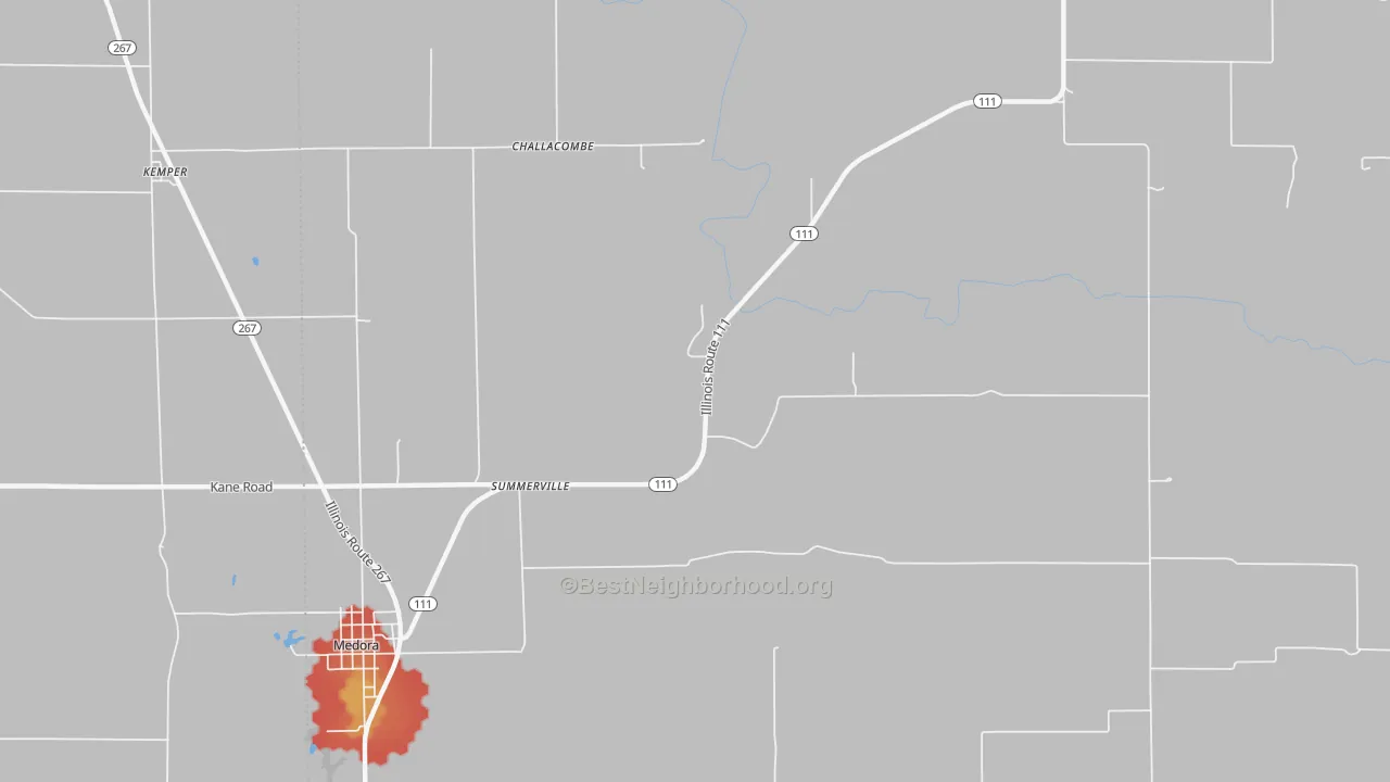 Walk Grade map of Summerville, IL, walkable areas in green and car-dependent areas in red
