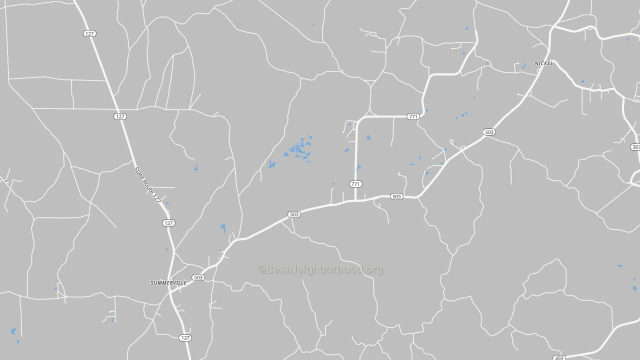 Walk Grade map of Summerville, LA, walkable areas in green and car-dependent areas in red