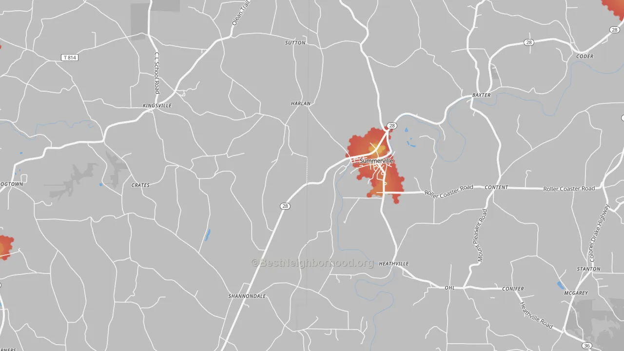 Walk Grade map of Summerville, PA, walkable areas in green and car-dependent areas in red