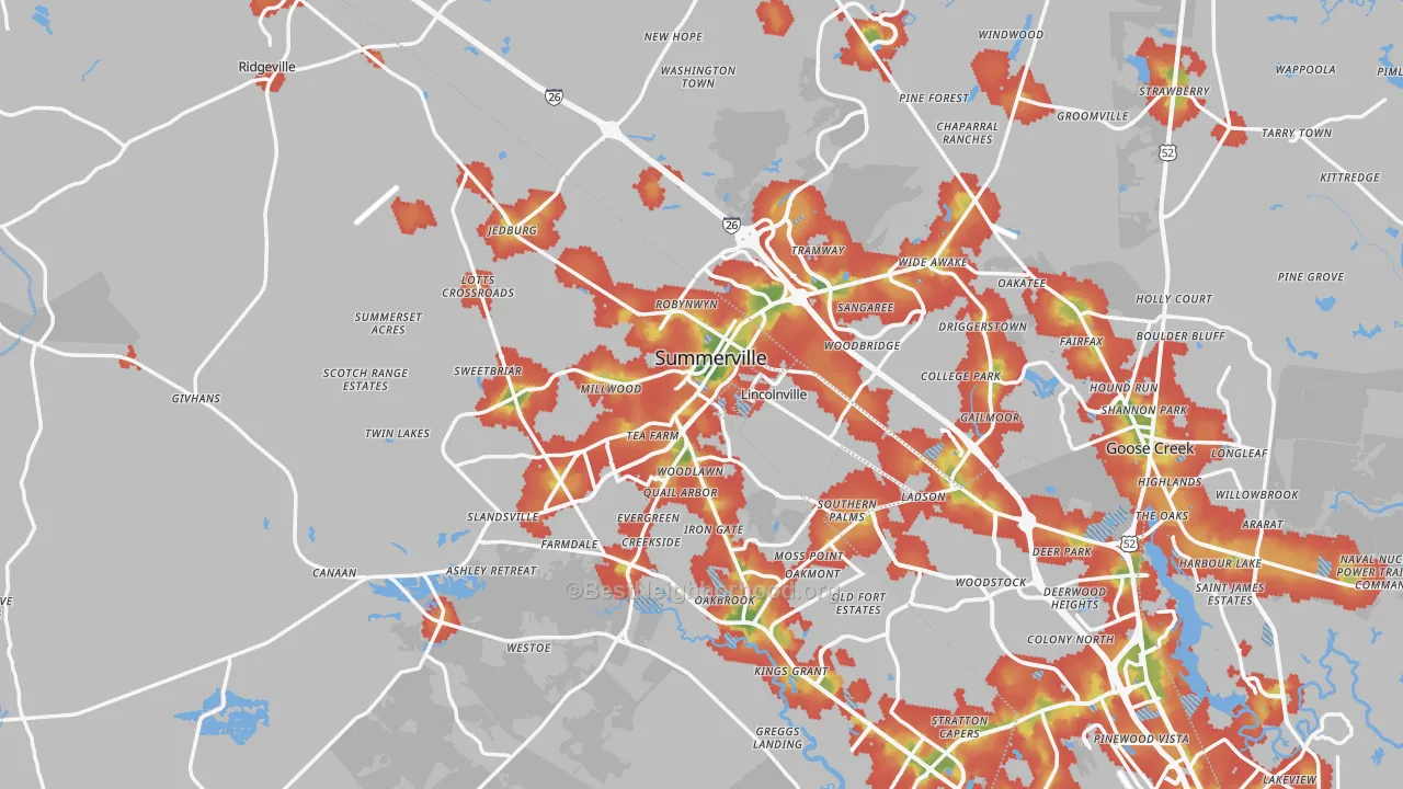 Walk Grade map of Summerville, SC, walkable areas in green and car-dependent areas in red