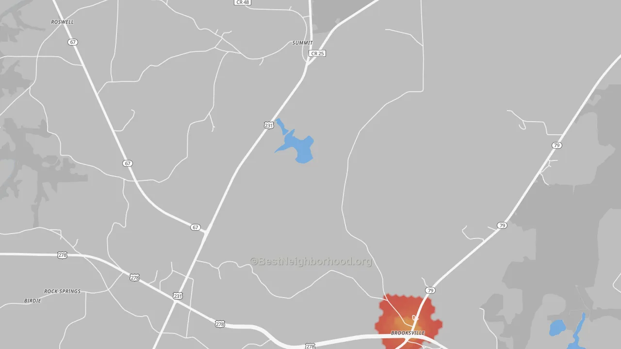 Walk Grade map of Summit, AL, walkable areas in green and car-dependent areas in red