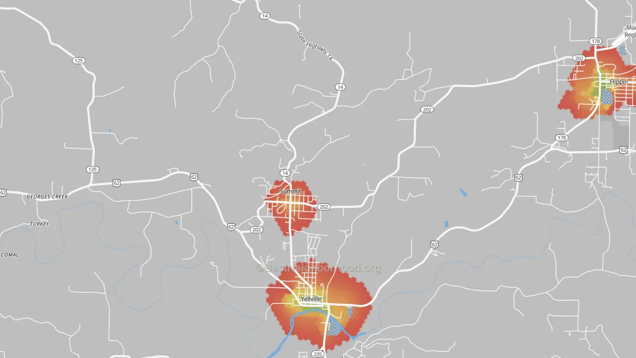 Walk Grade map of Summit, AR, walkable areas in green and car-dependent areas in red