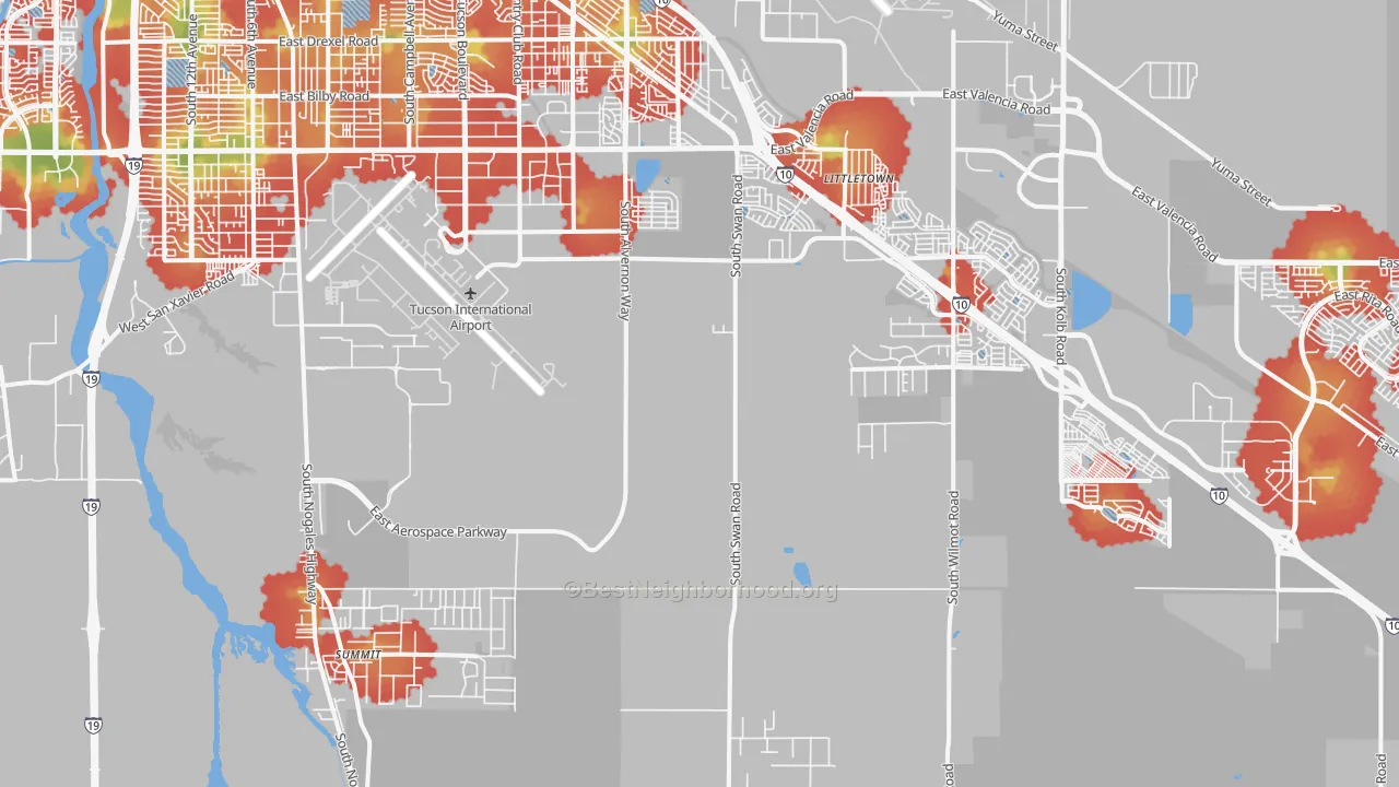 Walk Grade map of Summit, AZ, walkable areas in green and car-dependent areas in red