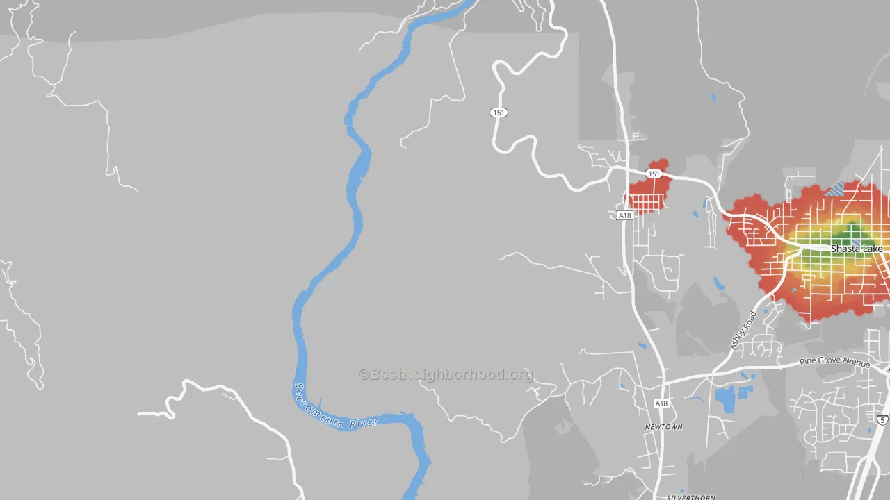 Walk Grade map of Summit City, CA, walkable areas in green and car-dependent areas in red