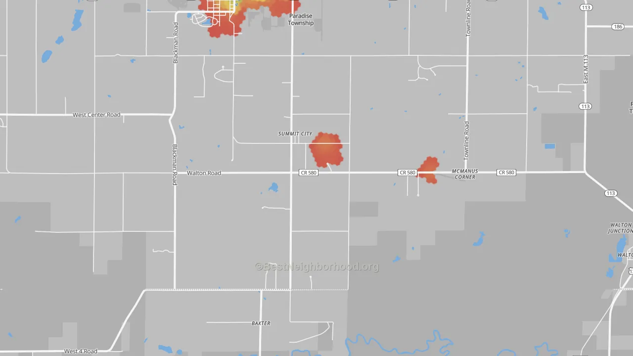 Walk Grade map of Summit City, MI, walkable areas in green and car-dependent areas in red