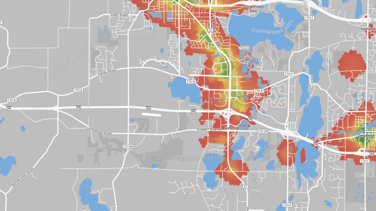 Walk Grade map of Summit Corners, WI, walkable areas in green and car-dependent areas in red