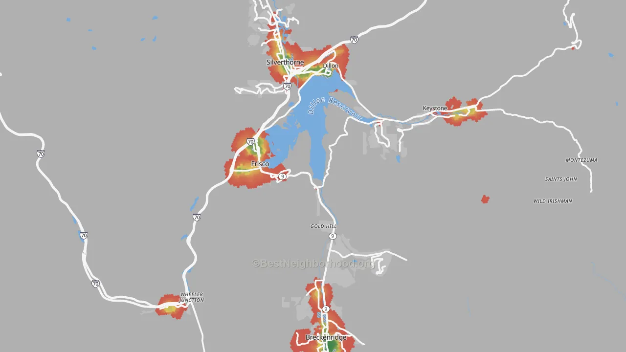 Walk Grade map of Summit County, CO, walkable areas in green and car-dependent areas in red