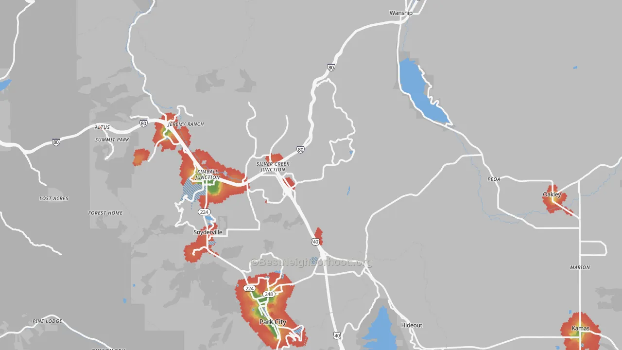Walk Grade map of Summit County, UT, walkable areas in green and car-dependent areas in red
