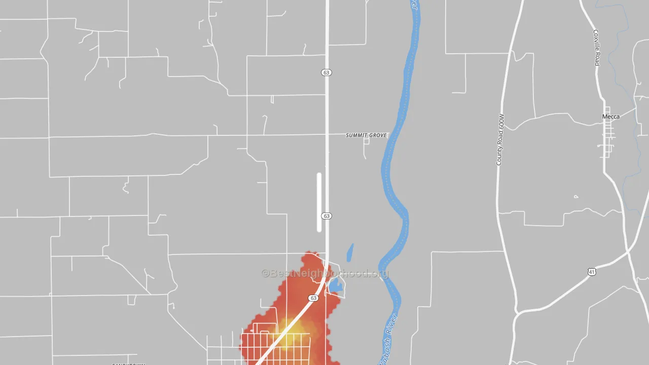 Walk Grade map of Summit Grove, IN, walkable areas in green and car-dependent areas in red
