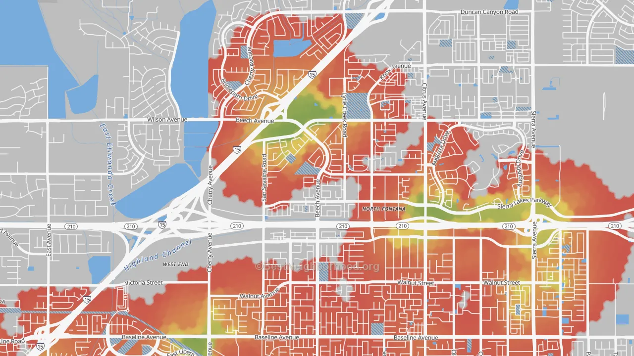 Walk Grade map of Summit Heights, Fontana, CA, walkable areas in green and car-dependent areas in red