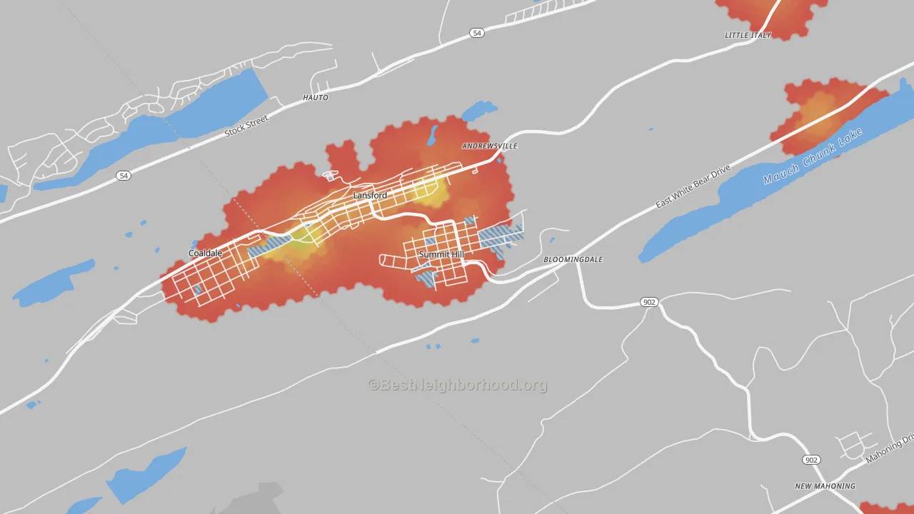 Walk Grade map of Summit Hill, PA, walkable areas in green and car-dependent areas in red