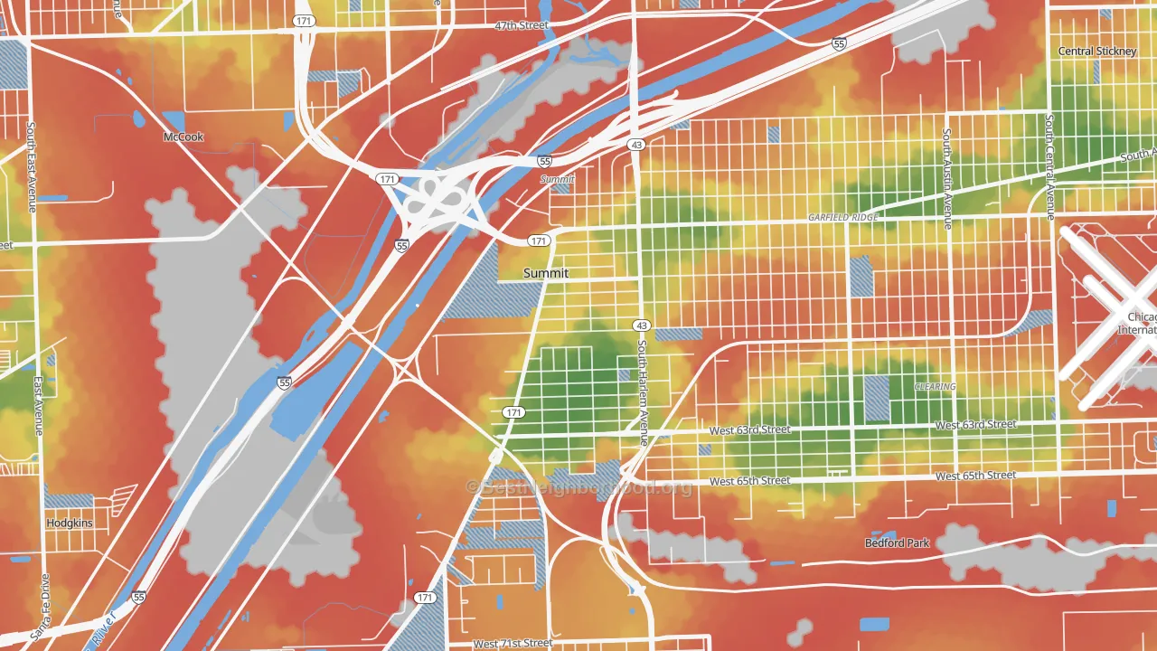 Walk Grade map of Summit, IL, walkable areas in green and car-dependent areas in red