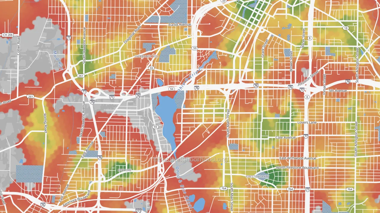 Walk Grade map of Summit Lake, Akron, OH, walkable areas in green and car-dependent areas in red