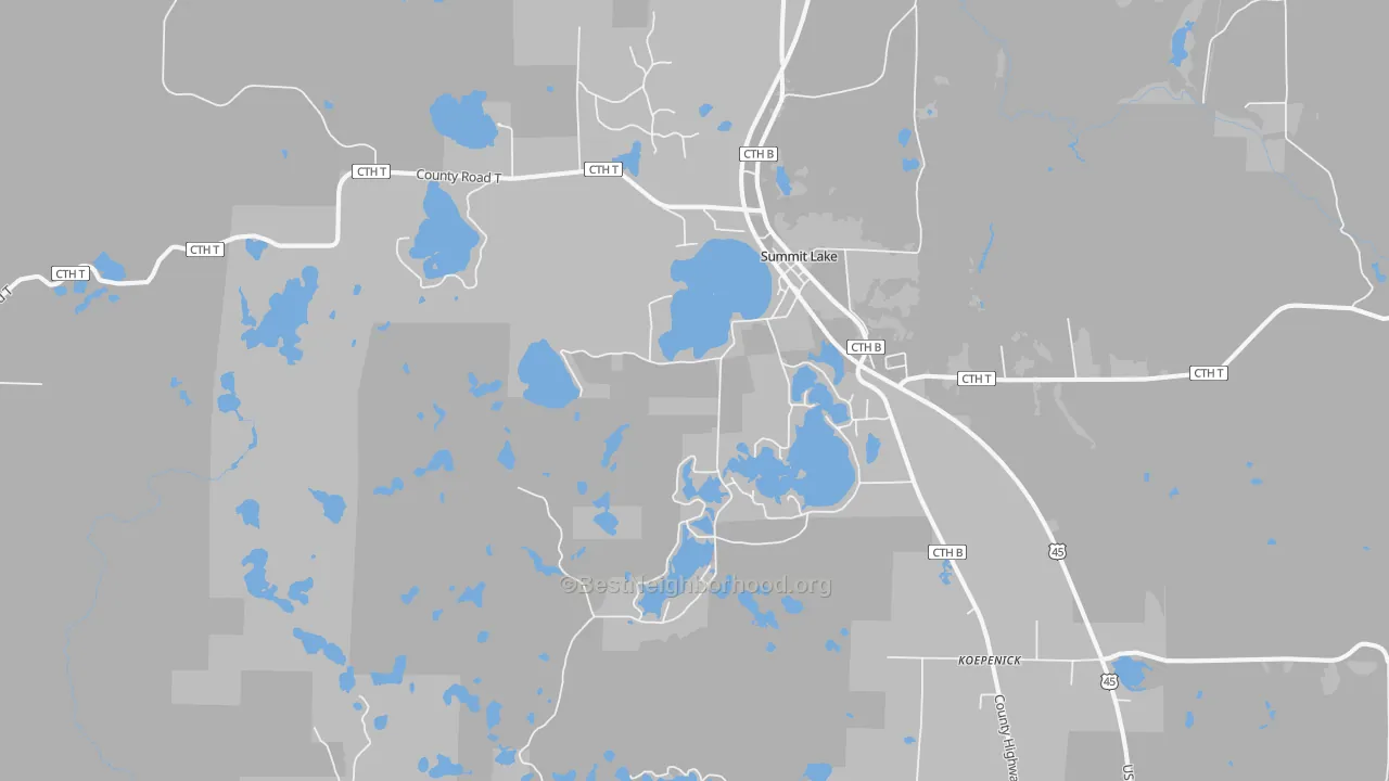 Walk Grade map of Summit Lake, WI, walkable areas in green and car-dependent areas in red