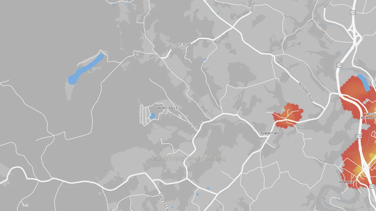 Walk Grade map of Summit Mills, PA, walkable areas in green and car-dependent areas in red