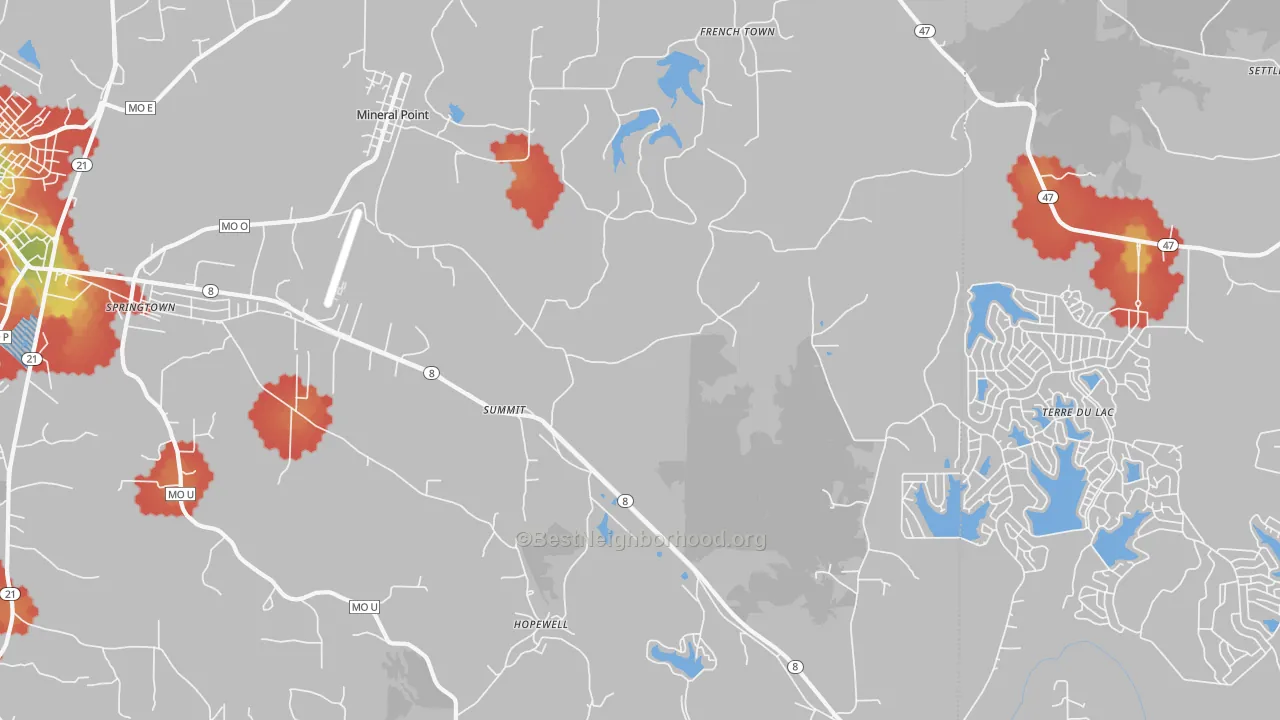 Walk Grade map of Summit, MO, walkable areas in green and car-dependent areas in red