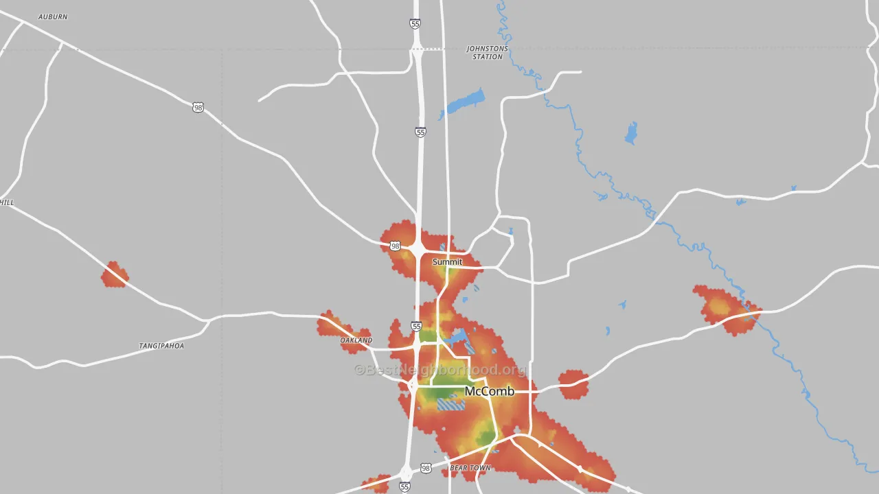 Walk Grade map of Summit, MS, walkable areas in green and car-dependent areas in red