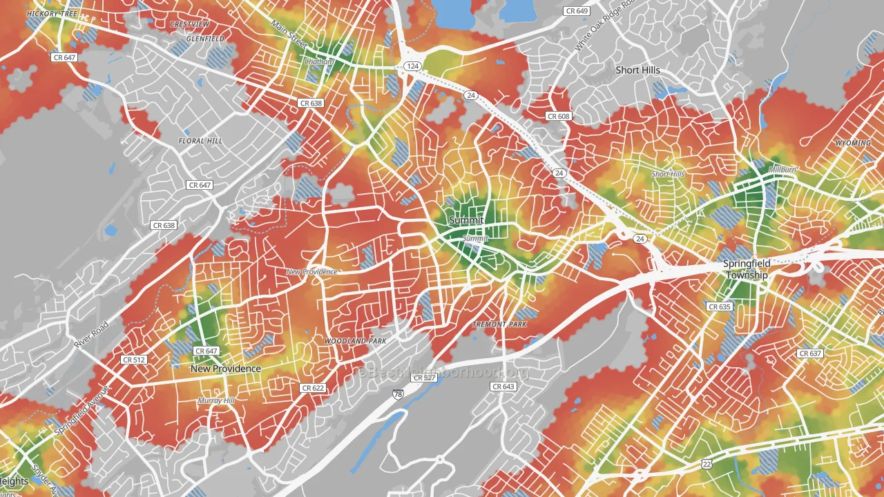 Walk Grade map of Summit, NJ, walkable areas in green and car-dependent areas in red