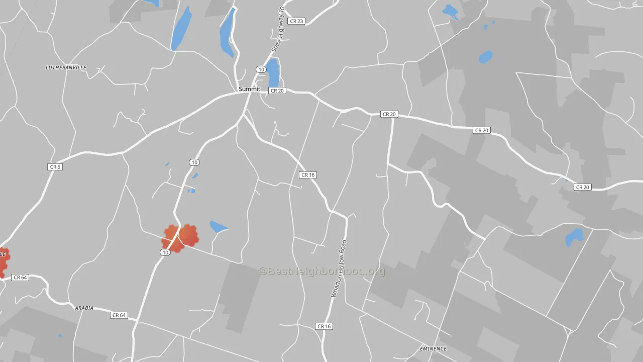 Walk Grade map of Summit, NY, walkable areas in green and car-dependent areas in red