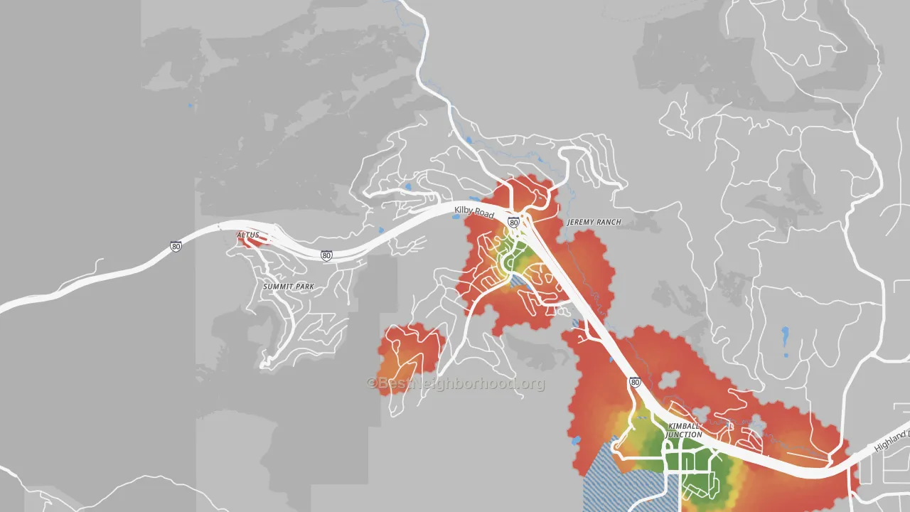 Walk Grade map of Summit Park, UT, walkable areas in green and car-dependent areas in red