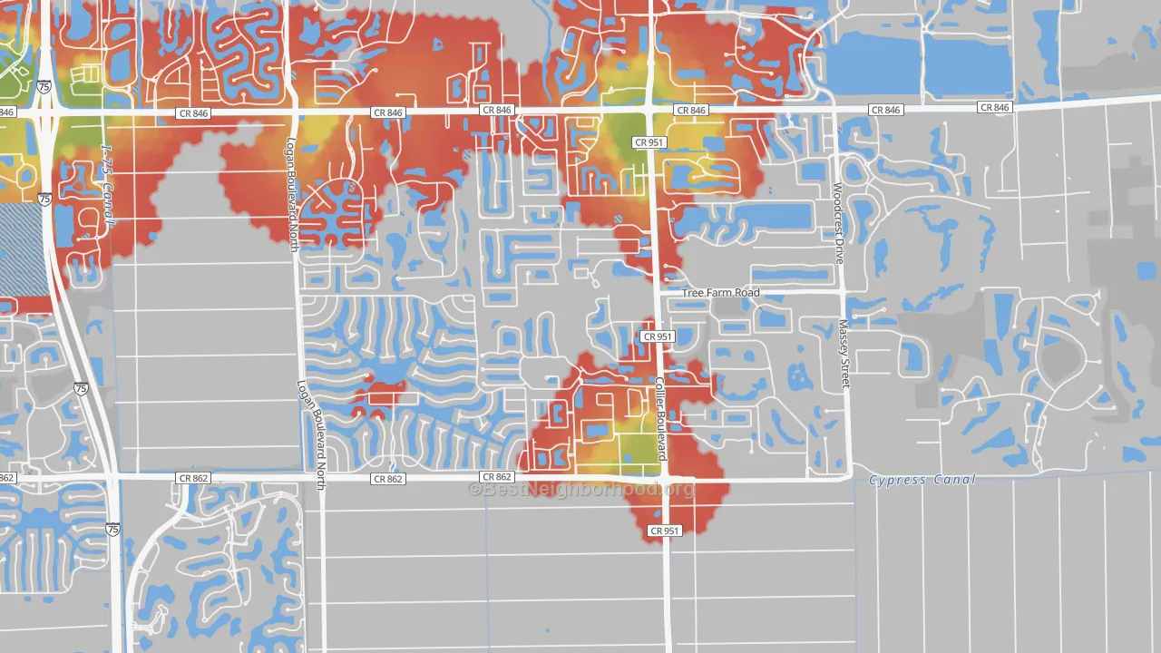 Walk Grade map of Summit Place in Naples, Naples, FL, walkable areas in green and car-dependent areas in red