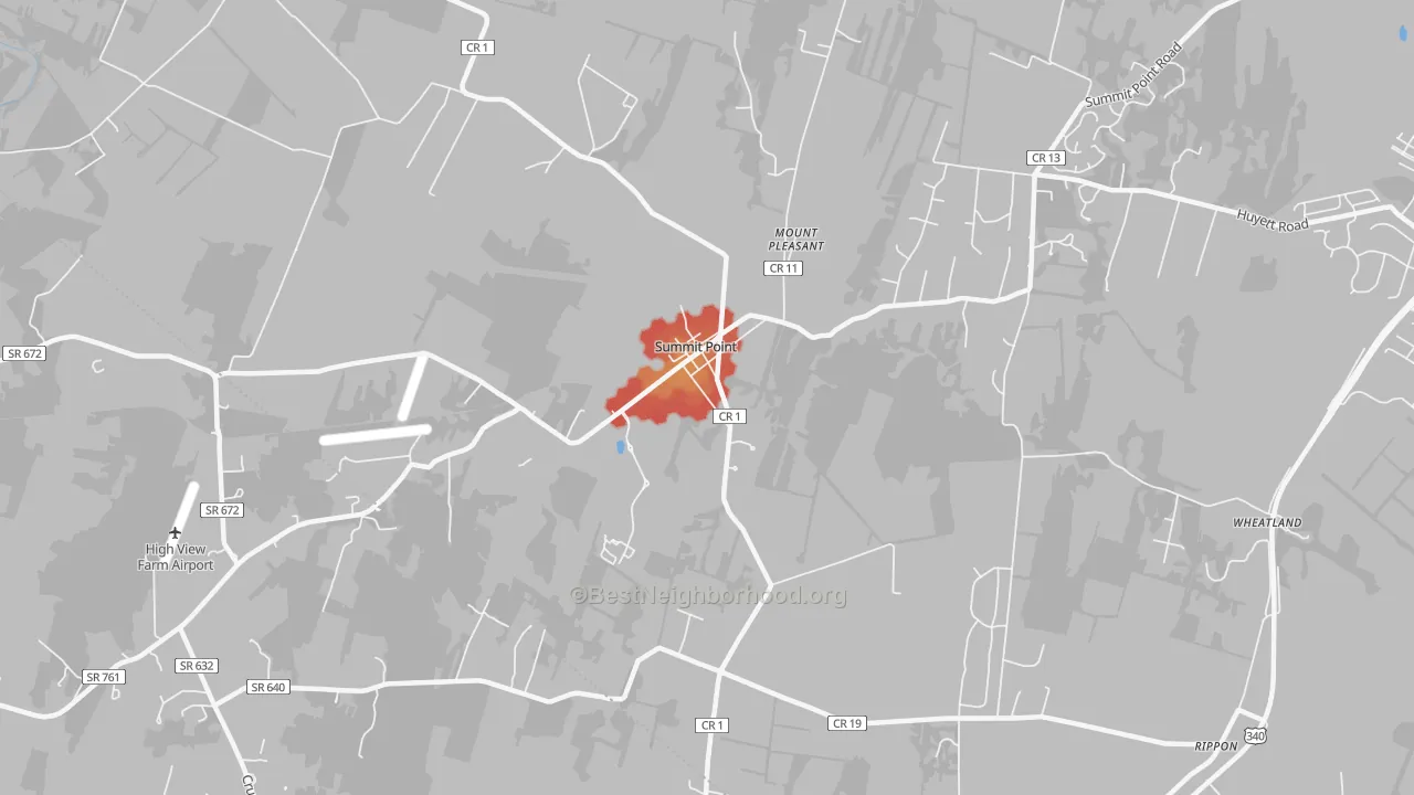Walk Grade map of Summit Point, WV, walkable areas in green and car-dependent areas in red