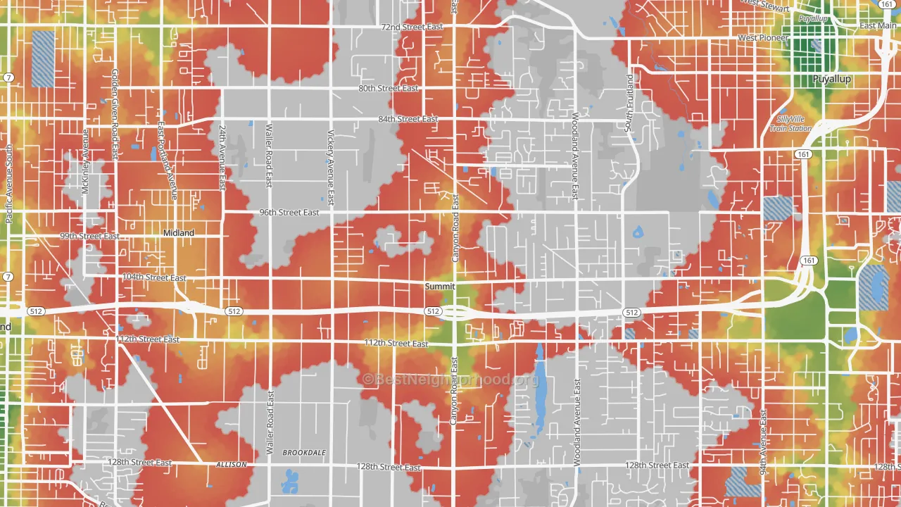 Walk Grade map of Summit, Puyallup, WA, walkable areas in green and car-dependent areas in red