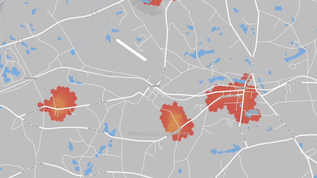 Walk Grade map of Summit, SC, walkable areas in green and car-dependent areas in red
