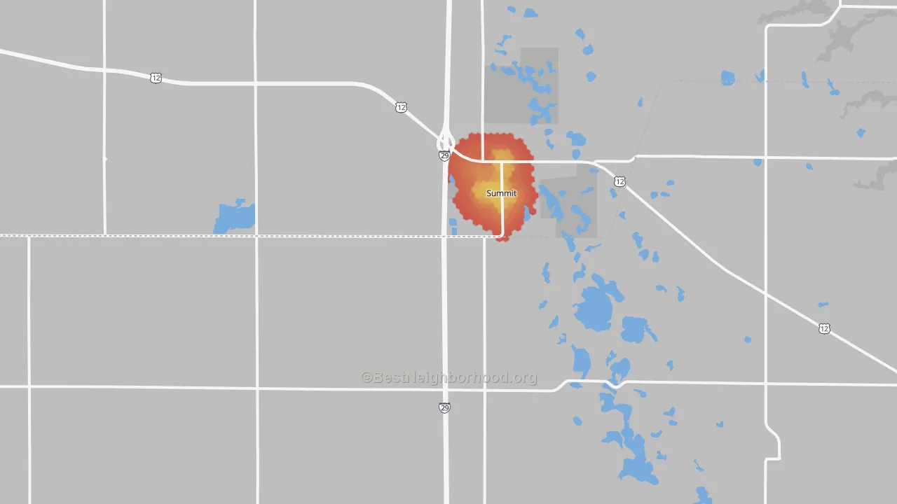 Walk Grade map of Summit, SD, walkable areas in green and car-dependent areas in red