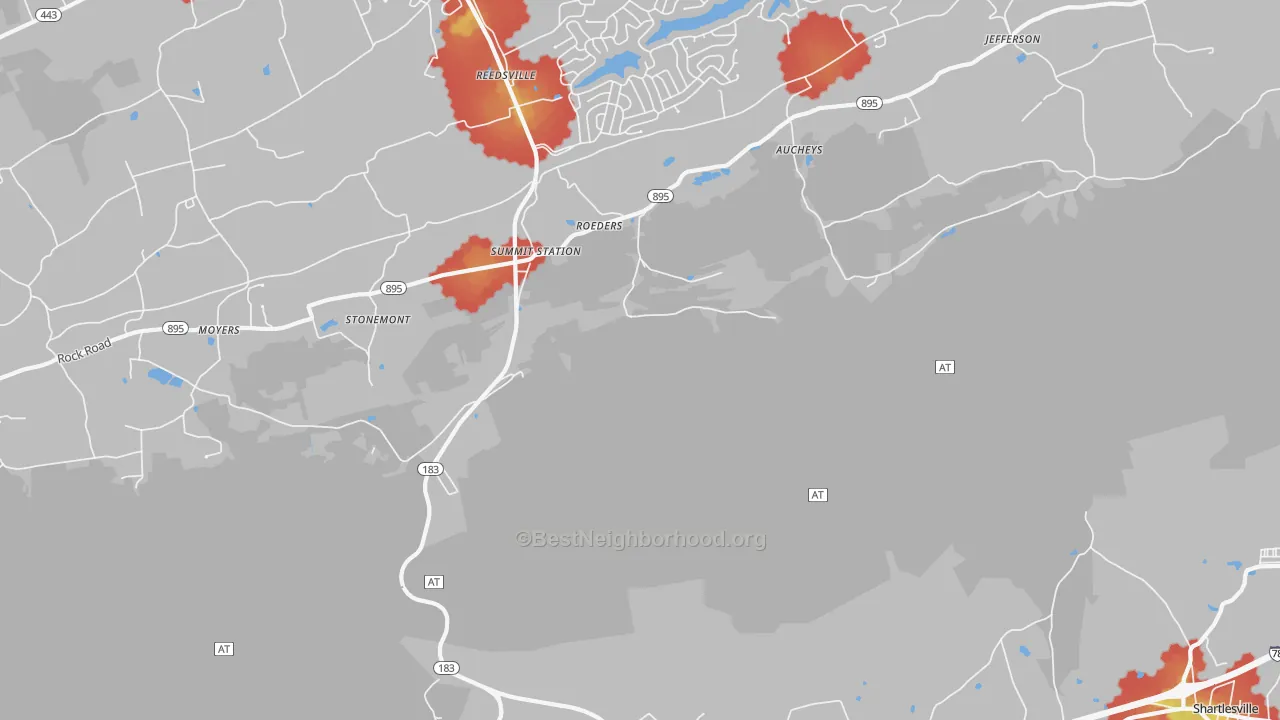 Walk Grade map of Summit Station, PA, walkable areas in green and car-dependent areas in red