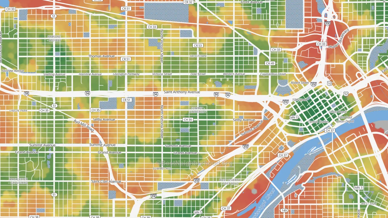 Walk Grade map of Summit-University, St. Paul, MN, walkable areas in green and car-dependent areas in red