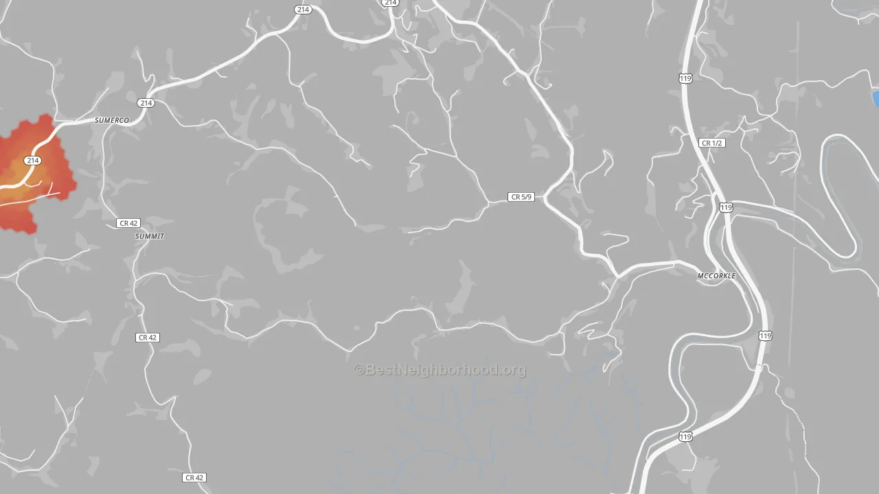 Walk Grade map of Summit, WV, walkable areas in green and car-dependent areas in red
