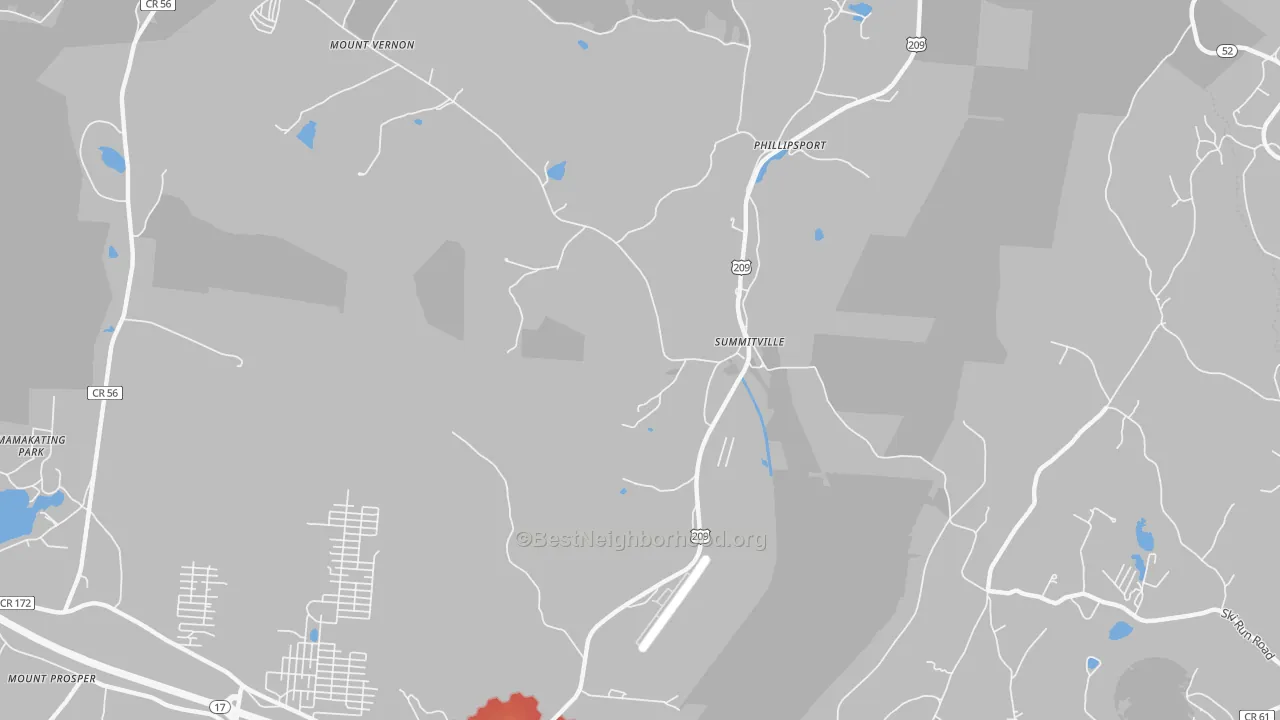 Walk Grade map of Summitville, NY, walkable areas in green and car-dependent areas in red