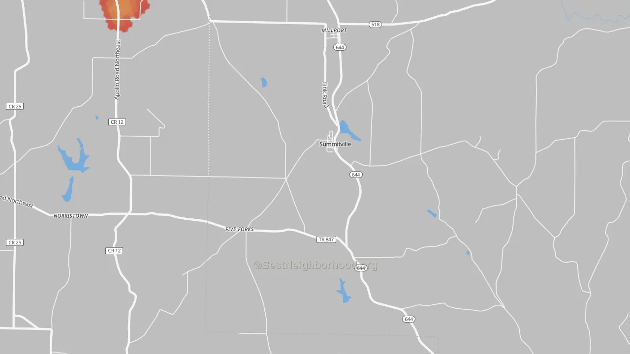 Walk Grade map of Summitville, OH, walkable areas in green and car-dependent areas in red