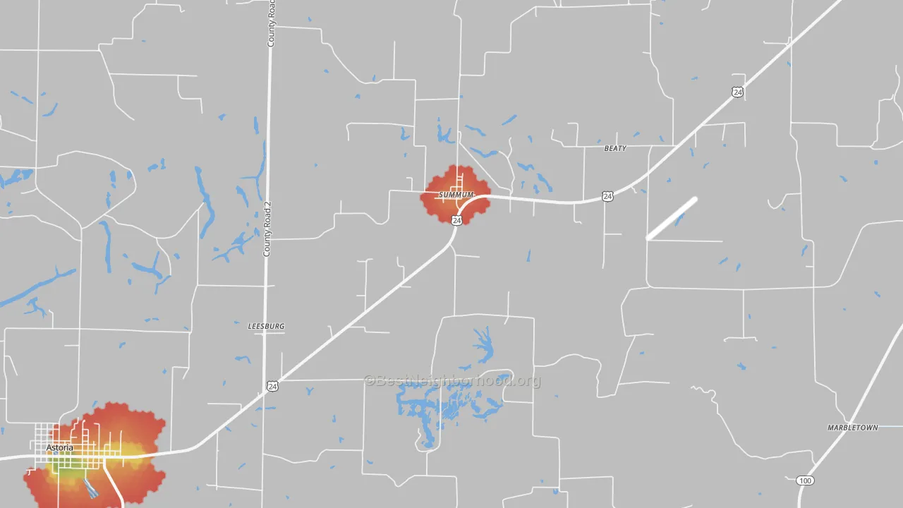 Walk Grade map of Summum, IL, walkable areas in green and car-dependent areas in red