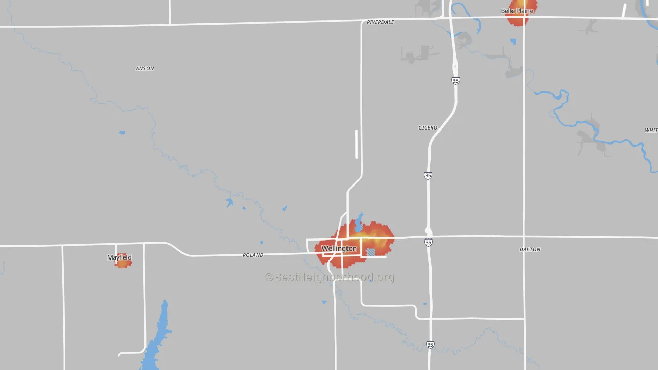 Walk Grade map of Sumner County, KS, walkable areas in green and car-dependent areas in red