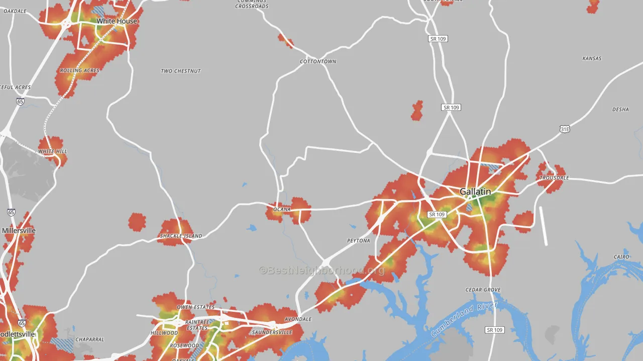 Walk Grade map of Sumner County, TN, walkable areas in green and car-dependent areas in red