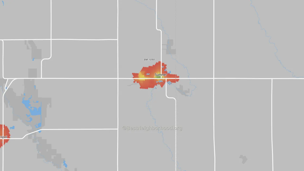 Walk Grade map of Sumner, IA, walkable areas in green and car-dependent areas in red