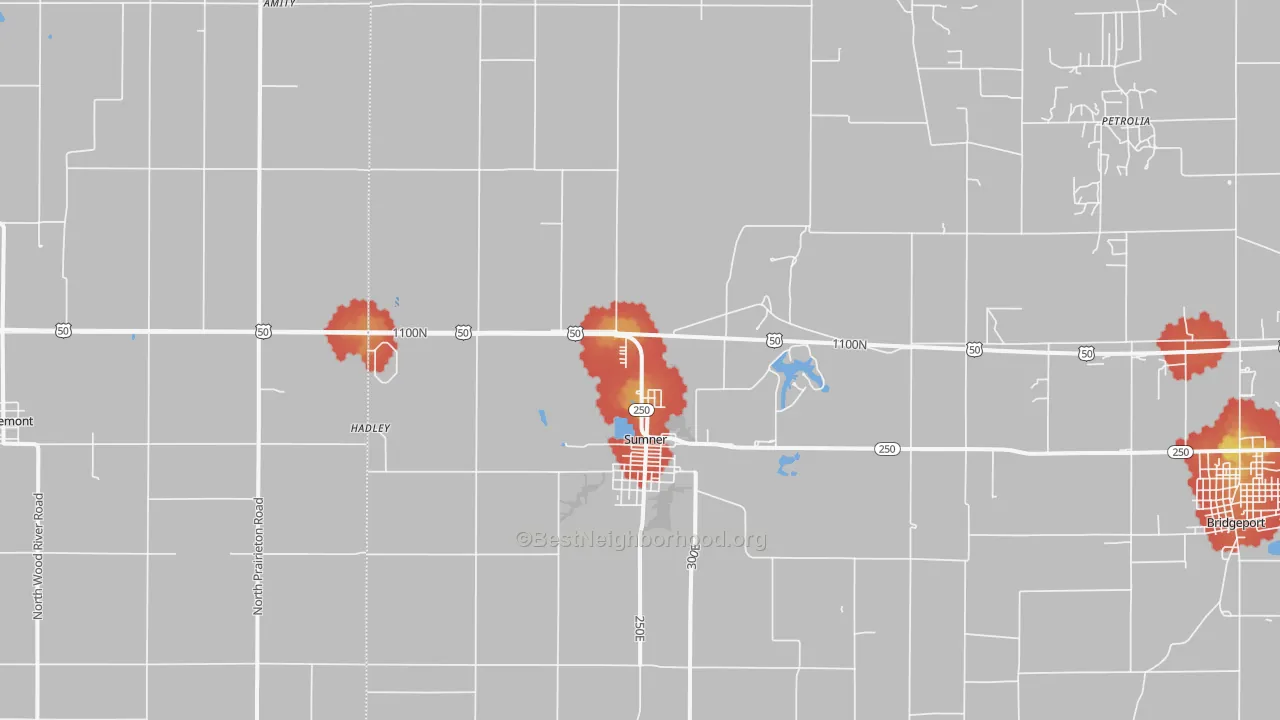 Walk Grade map of Sumner, IL, walkable areas in green and car-dependent areas in red