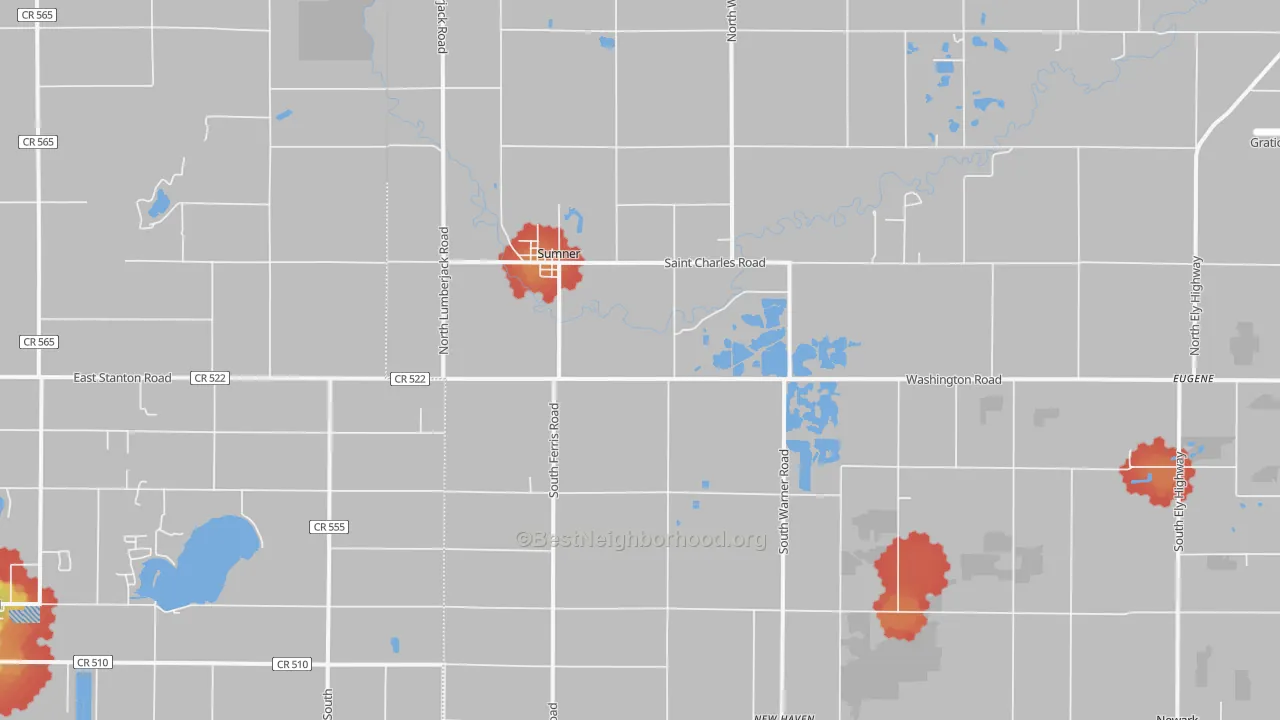 Walk Grade map of Sumner, MI, walkable areas in green and car-dependent areas in red