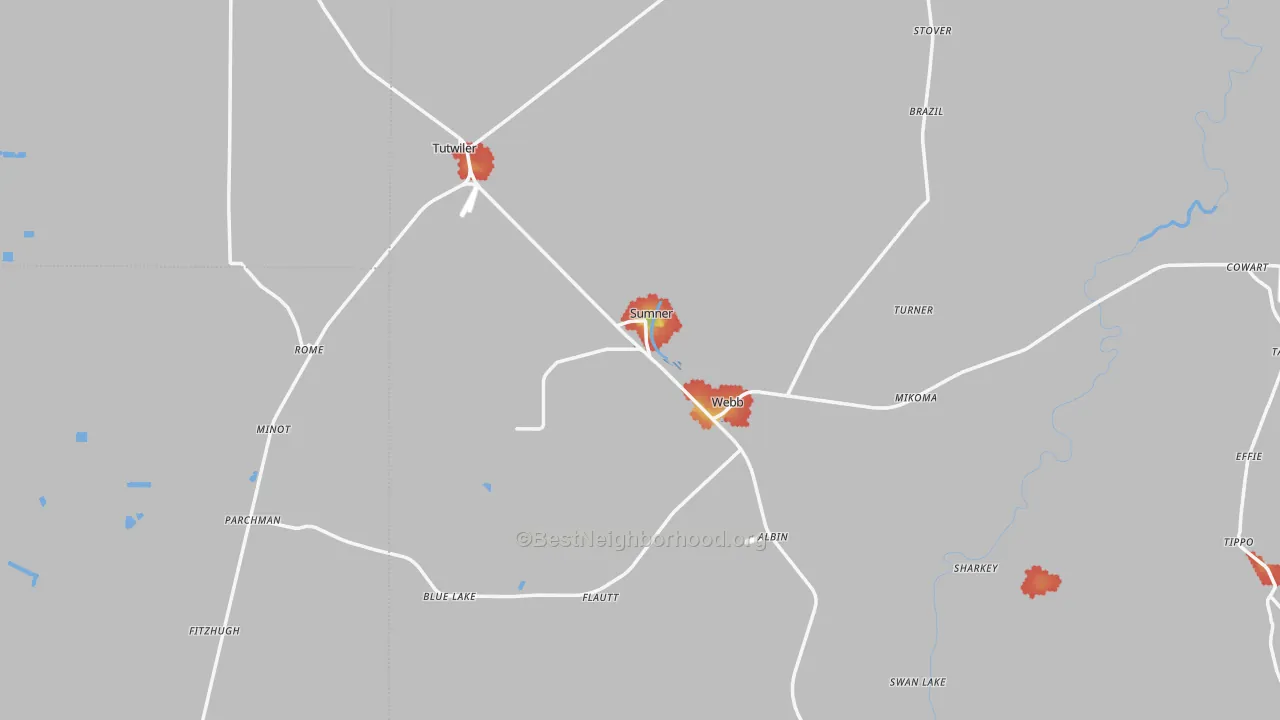Walk Grade map of Sumner, MS, walkable areas in green and car-dependent areas in red