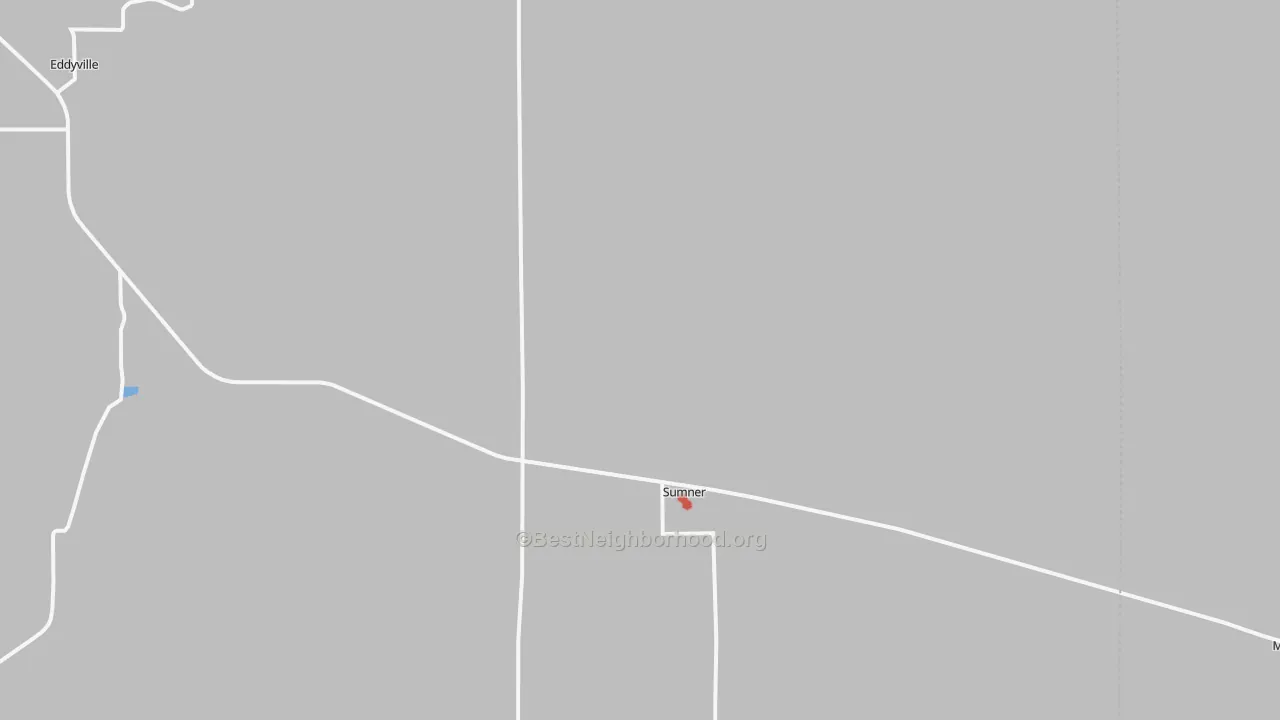 Walk Grade map of Sumner, NE, walkable areas in green and car-dependent areas in red